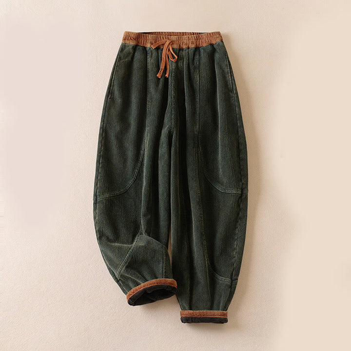 Color Contrast Corduroy Cotton Women's Thermal Fleece-Lined Harem Pants With Pockets