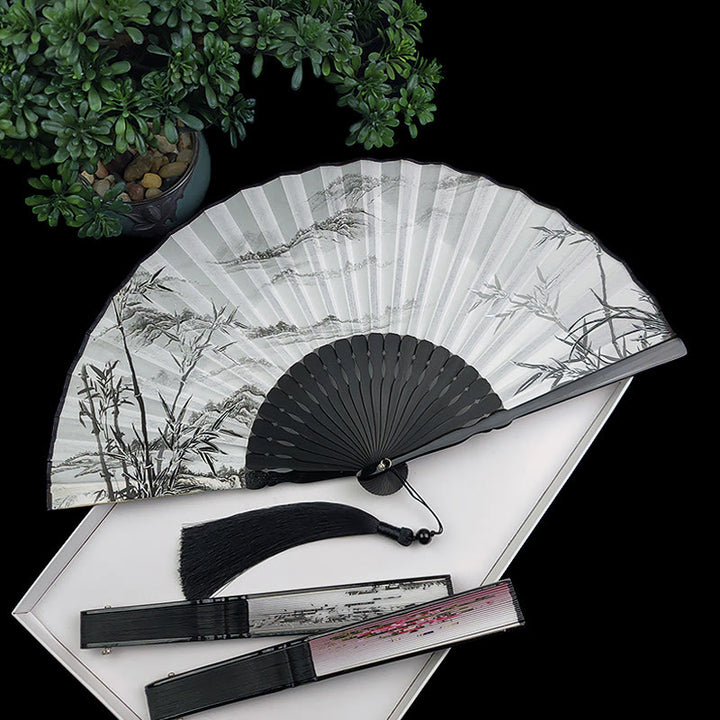 Vintage Bamboo Peony Butterfly Lotus Handheld Silk Folding Fan With Bamboo Frames