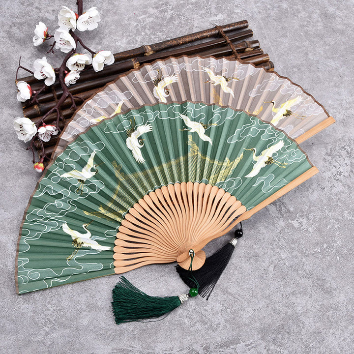 Vintage Cloud Crane Pattern Handheld Bamboo Folding Fan