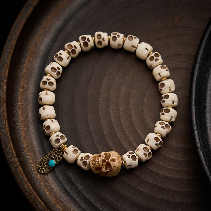 Hand-Carved Bone Beads Lord of the Corpse Forest Skull Pattern Strength and Change Tibetan Bracelet